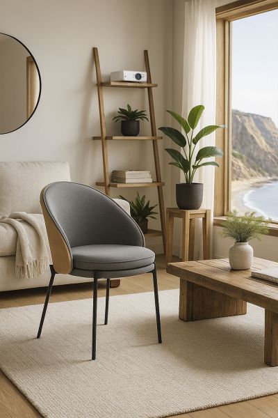 Chaise Mos en tissu gris avec dossier en bois rembourré