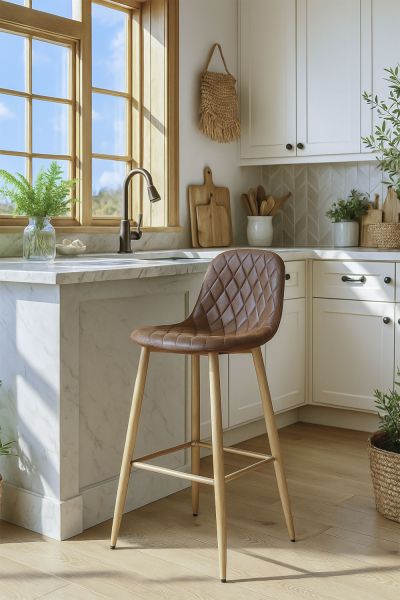 Tabouret en teok et similicuir marron diamant